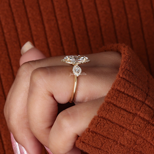 Anillo de Compromiso con Tres Diamantes Cultivados en Laboratorio, Corte Marquesa, Halo, Oro Sólido de 14K, Certificado IGI - Product Image 2