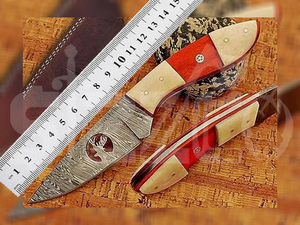 Cuchillo de caza OEM Wirecut de acero de Damasco, tipo Skinner, mango de madera, hoja fija, para camping, actividades al aire libre y EDC, con funda de cuero. - Product Image 2
