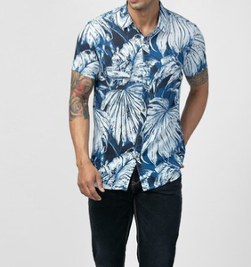 100% coton hommes coupe régulière non tissé décontracté chemise à manches courtes avec motif floral numérique imprimé uni teint - Product Image 1