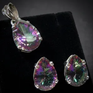 925 Sterling Silver Mystic Topaz Jewelry Set Teardrop Pendant Stud Earrings Multicolor Gemstone Bezel Setting Jewelry Sets - Product Image 3
