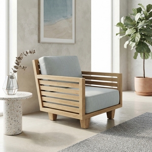 Sofá individual minimalista de madera de teca maciza de primera calidad, sillón individual para sala de estar con cojín gris azul claro. - Product Image 5