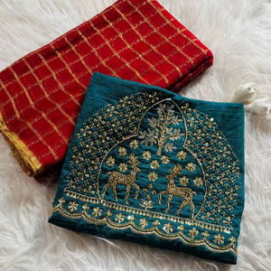 Sari Verde con Diseño de Cuadros Zari para Mujer, con Blusa Bordada de Lujo, Sari Étnico Indio para Fiestas y Bodas - Product Image 1