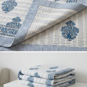 Hand Block Printed Cotton Kantha Queen Size <b>Throws</b> Sanganer <b>Large</b> Width Handmade Indian Quilt Boho Bedroom Home Textile Decor - Product Image 6