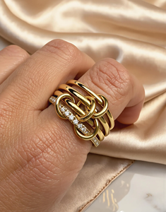 แหวนวงแหวนคู่ชุบทองสำหรับผู้หญิง ทองคำแท้ 14K แบบปรับได้ แหวนหลายวงแบบเชื่อมต่อกัน แหวนแบบซ้อนได้ - Product Image 4