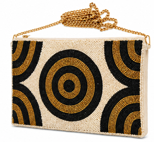 Bolso de mano de noche con cuentas hecho a mano – Diseño geométrico circular en negro y dorado – Elegante bolso de hombro con cuentas – Bolso de mano llamativo con cuentas - Product Image 3