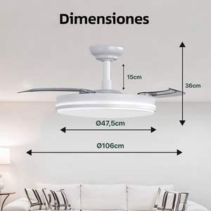 Ventilador de techo con luz, control remoto, 3 aspas, motor DC de 30W + luz LED, temporizador, 6 velocidades, aspas retráctiles, 3 - Product Image 2