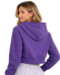 Sudadera con capucha corta con cremallera para mujer, de manga larga, informal, de forro polar suave, estilo urbano, color morado, para otoño e invierno - Product Image 2