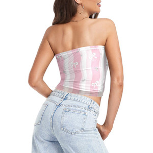 Top corto sin tirantes con lazo rosa y estampado de rayas blancas por sublimación, estilo estético, para mujer, precio económico, venta al por mayor. - Product Image 4