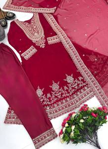 Ensemble indien pakistanais en faux georgette lourde brodée bordeaux, séchage rapide, Kurta Palazzo Dupatta, tenue traditionnelle pour femmes, mariage - Product Image 3