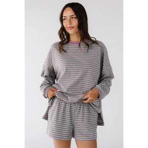 Ensemble 2 pièces tricoté rayé pour femme : Haut décontracté à col rond coupe ample en coton respirant et short – Idéal printemps-été - Product Image 1