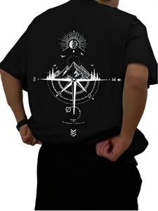 T-shirt noir pour homme, coupe classique, imprimé boussole de montagne sur le devant, manches courtes, jersey décontracté, 100% coton, respirant - Product Image 5