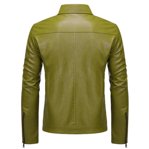 Veste de moto pour homme en cuir véritable vert, imperméable, écologique, col montant, fermeture éclair, coupe ajustée, couleur unie, longueur standard - Product Image 5