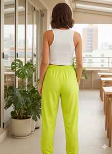 Pantalones Harem de Algodón Verde Lima Sólido para Mujer, Cintura Alta Elástica, Transpirables, Casuales, con Puños en los Tobillos, Silueta Holgada de Verano - Product Image 3