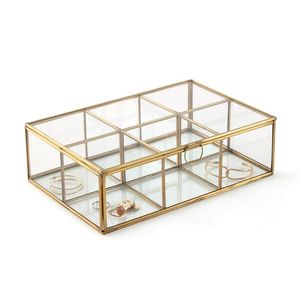 Caja de joyería de cristal con marco dorado y asa de anillo, organizador de almacenamiento rectangular para exhibición de accesorios - Product Image 3