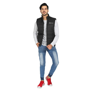 DAIZEN STAR Men's Black Stand Collar Puffer Vest Zipper Closure Solid Color Windproof Casual Outerwear 100% Polyester 220g - Product Image 1