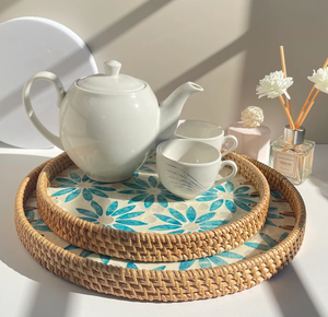 Plateau en rotin nacre fait main, forme ovale avec poignée, décoration d'intérieur et accessoire de rangement pour table - Product Image 3