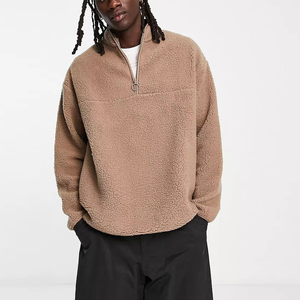 Sudadera con capucha de forro polar Sherpa de color liso extragrande para hombre, estilo casual, con cremallera de un cuarto, cuello alto y manga larga, al por mayor - Product Image 1