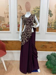 Sari en soie à bordure charmante, Choli brodé à la main, veste Shrug pré-drapée, tenue indienne pour mariage et fête pour femmes - Product Image 2