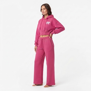 Conjunto de dos piezas para mujer: Sudadera corta con cremallera completa y hombros caídos, y pantalón jogger de pierna ancha, 100% algodón polar, ropa casual. - Product Image 6