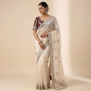Fendy <b>Satin</b> <b>Saree</b> with Heavy Embroidery Sequins Border Premium Fully Stitched Embroidered Blouse Wedding Party Wear <b>Saree</b> - Product Image 1
