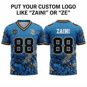 Men American Football Jersey Premium Polyester Mesh 180 GSM Blue Black <b>Gold</b> Custom Sublimation Tackle Twill <b>Numbers</b> Logo Team - Product Image 1