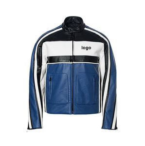 Men's Wool/Viscose Motorcycle Jacket Patchwork Stand Collar <b>Covered</b> <b>Button</b> Closure Color Blocking Windproof Custom Logo Back - Product Image 2