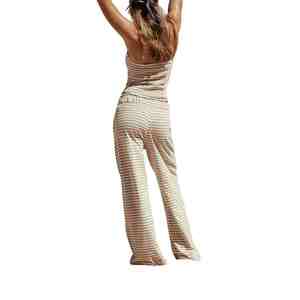 Ensemble deux pièces tricoté rayé pour femme, débardeur sans manches et pantalon large, décontracté, printemps-été, longueur totale, en coton respirant - Product Image 2