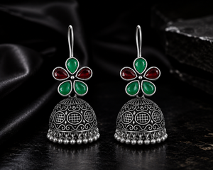 Oxidized <b>Silver</b> Multicolor Stone Floral Jhumka <b>Earrings</b> for Women | Indian <b>Dangle</b> <b>Earrings</b> for Women - Product Image 4