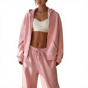 Women's Winter <b>Pink</b> Hooded Fleece <b>Tracksuit</b> <b>Set</b> Full Sleeve Loose Fit Solid Color Sweatshirt Pants Drawstring Side Pockets - Product Image 3