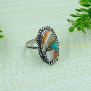 Bague en argent sterling 925 avec pierre précieuse turquoise d'huître épineuse orange, faite à la main, style bohème, bague statement, vente en gros, bijoux pour femmes, cadeau de promesse - Product Image 3