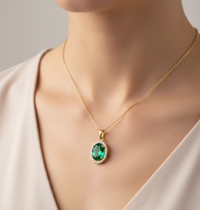 Collier pendentif ovale en émeraude avec diamants, à porter au quotidien, diamants naturels et de laboratoire - Product Image 3