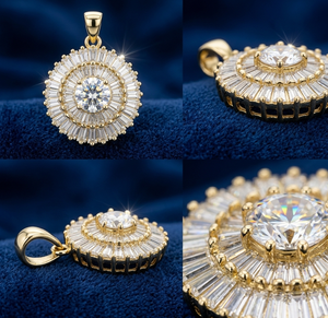 จี้ห้อยคอทรงหรูหรา Solaris Radiant Medallion ประดับด้วยหินทรงกลมตรงกลางและวงแหวนทรงบาแกตต์สีเงิน ดีไซน์โดดเด่น - Product Image 5