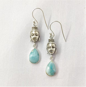 Pendientes de Plata con Cabeza de Buda y Gema de Larimar Azul en Forma de Lágrima - Joyería Sencilla para Meditación Espiritual, Yoga y Uso Diario - Product Image 3