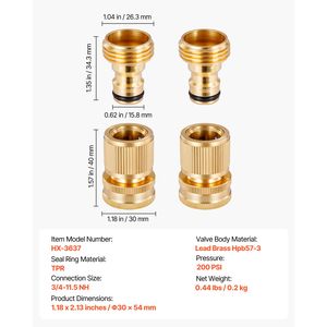 Raccord rapide de tuyau d'arrosage en laiton massif robuste de 3/4 pouce, connecteur mâle-femelle 200 PSI avec 2 ensembles de raccords d'arrosage - Product Image 3