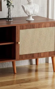 Meuble TV moderne en bois et rotin, console multimédia en noyer de style mi-siècle, meuble de rangement en cannage pour salon, vente en gros - Product Image 2
