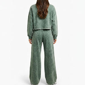 Wholesale Women's 2 Piece Fleece Tracksuit <b>Set</b> Crew Neck Cropped <b>Sweater</b> Wide Leg Joggers Solid Green Casual Loose Fit All - Product Image 2