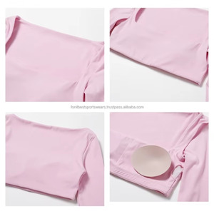 FONILBEST Women Yoga 2 Piece Set Front Pink Square Neck Long Sleeve <b>Crop</b> <b>Top</b> Solid Color Spandex/Polyester Sportswear Fashion - Product Image 6