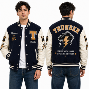 Chaqueta Universitaria Spartan, Chaqueta Letterman con Casco Bordado, Cuerpo de Lana, Mangas de Cuero, Proveedor OEM - Product Image 2