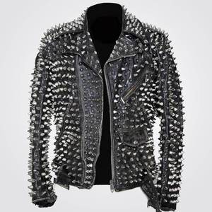 Veste de moto unisexe en cuir d'agneau véritable style punk, avec poche avant, fermeture éclair, col rabattable, pour l'hiver, à capuche - Product Image 1