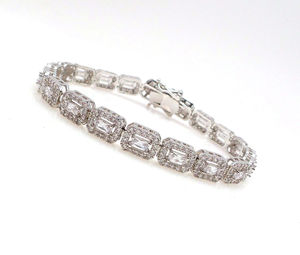 Luxury Women's Emerald Cut Diamond <b>Bracelet</b> Rhodium Plated 925 <b>Silver</b> Chain Link Wedding Jewelry Geometric Design - Product Image 1