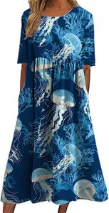 Vestido Midi Boho para Mujer 2025, Vestido de Playa de Manga Corta con Estampado de Peces Marinos, Vestidos de Verano con Bolsillos - Product Image 2