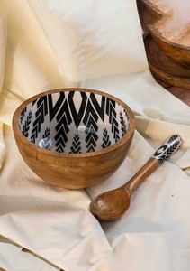 Handcrafted Wooden Serving <b>Bowl</b> with Black White Geometric Pattern Interior | <b>Mango</b> <b>Wood</b> Decorative Salad Fruit Snack <b>Bowl</b> - Product Image 5