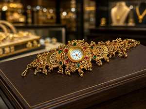 Montre-bracelet artisanale de style cachemire, mode ethnique traditionnelle indienne, pour femme, en perles et doré, accessoire fait main - Product Image 3