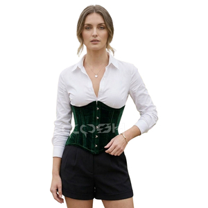 Premium Emerald Green Velvet <b>Underbust</b> Steel Boned Waist Cincher Corset Victorian Gothic Aesthetic Wholesale Apparel Supplier - Product Image 4