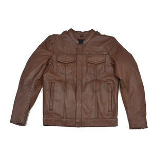 <b>Brown</b> PU <b>Leather</b> Motorcycle <b>Jacket</b> with Front Logo Windproof Lightweight Streetwear Outerwear Stand Collar & Side Pockets - Product Image 6