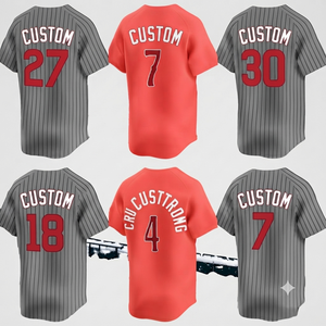 Coral Red Baseball Jersey Stitched Team Uniform Personalized Athletic Wear Grey Pinstripe Unisex V-neck 100% Cotton - Product Image 1
