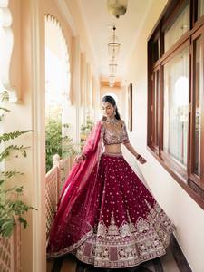 Burgundy <b>Beaded</b> Silk Lehenga Set Embroidered Indian Wedding Outfit Dupatta Blouse <b>Skirt</b> Floor-Length Loose Fit for Bride - Product Image 1