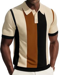 Chemise décontractée à manches courtes pour homme, en maille color block, teinte unie, polyester/coton, respirante, rayée, de créateur - Product Image 2