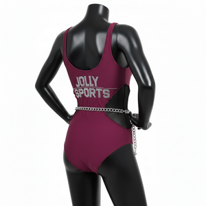 Traje de Baño Deportivo para Mujer, Tela Premium de Nailon y Spandex, 220 GSM, Panel de Malla Borgoña, Logotipo con Pedrería, Traje de Baño Personalizado para Mujer - Product Image 5