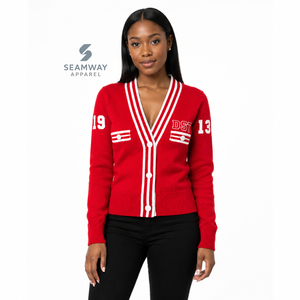 Delta| Sigma |Theta Sorority Women's Varsity Knit <b>Cardigan</b> V-Neck <b>Button</b> Front Striped Rib Trim Embroidered Preppy Style Sweater - Product Image 5
